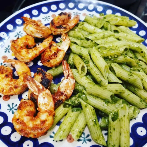 Creole Blackened Shrimp served with homemade Pesto Pasta!