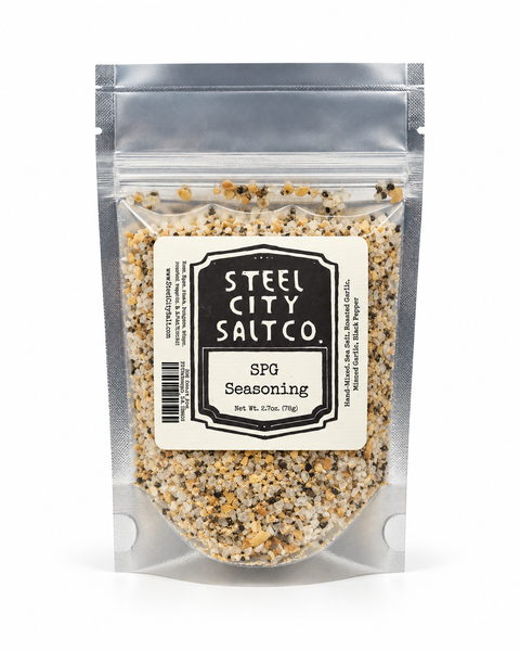 Steel City Salt Co. SPG Seasoning in a clear resealable stand-up pouch with a white and black label, shown on a white background.